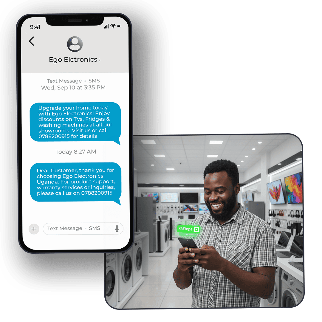 A phone mockup showing marketing messages received from a shop.